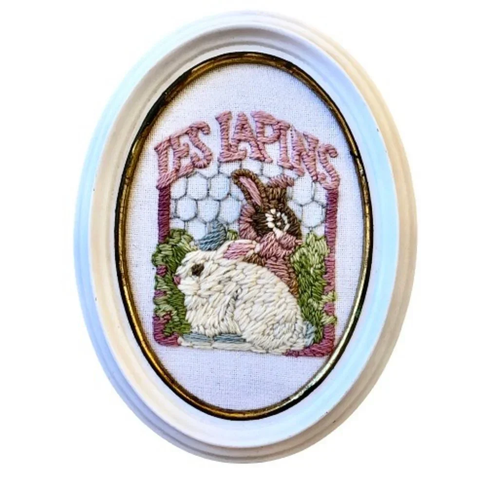 Vintage Long Needlepoint Bunny Rabbits Easter Wall Art Framed